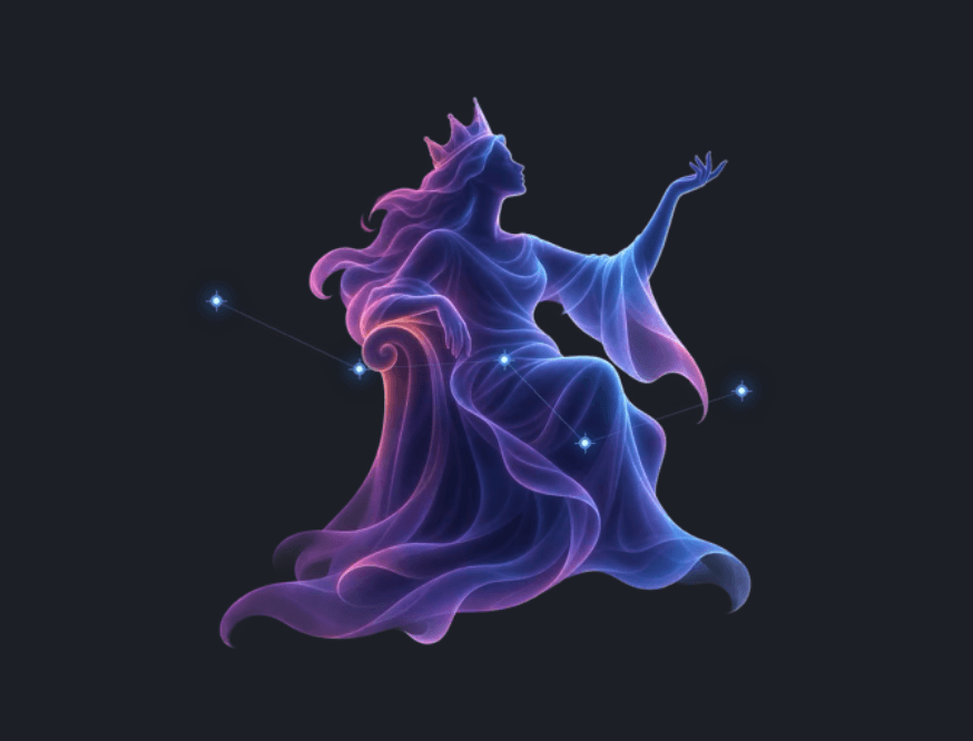 Cassiopeia, drawn as a seated queen in blue and violet with its stars plotted on top.