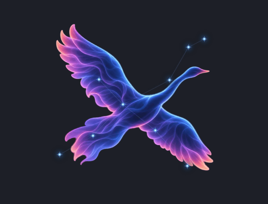 Cygnus, drawn as a swan in blue and violet with its stars plotted on top.