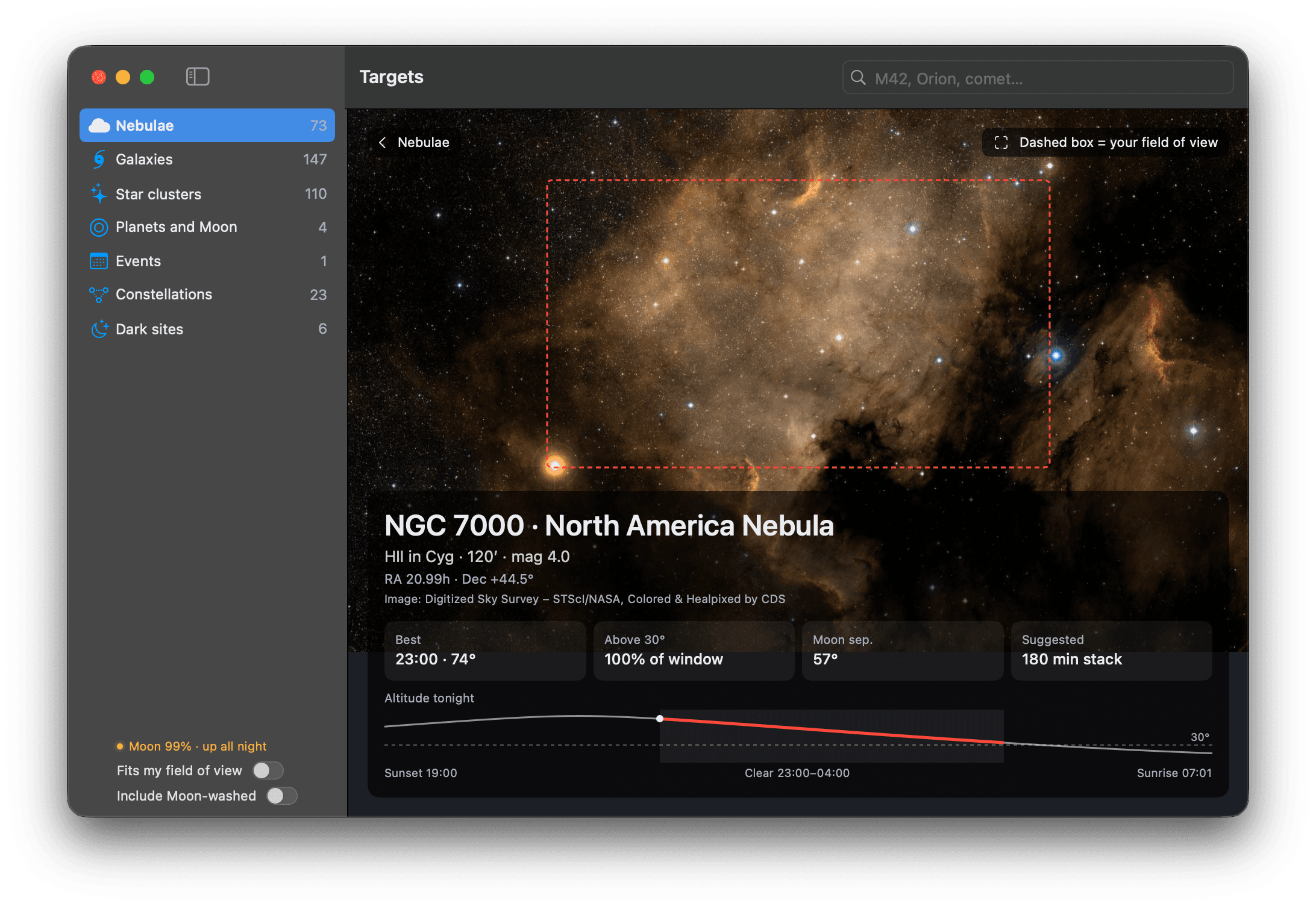 Detail page for NGC 7000, the North America Nebula, with a dashed box marking the field of view and an altitude chart for tonight.