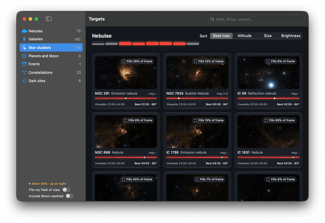 The Targets window listing nebulae, each card with a survey image, how much of the frame it fills, and a timeline of when it is viewable tonight.