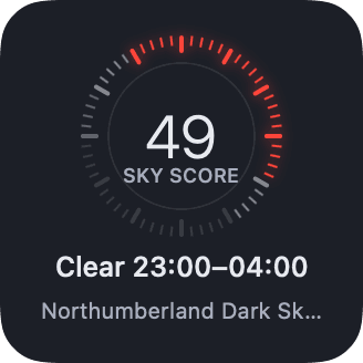 Small widget: sky score 49, clear 23:00 to 04:00.